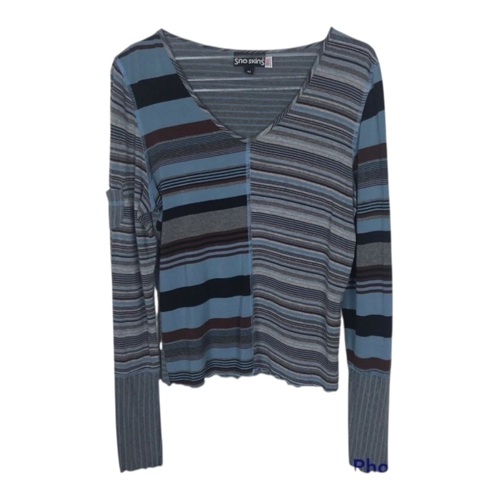 SNO SKINS Blue and Brown Ribbed Fitted Long Sleeve Blouse - Picture 2 of 9